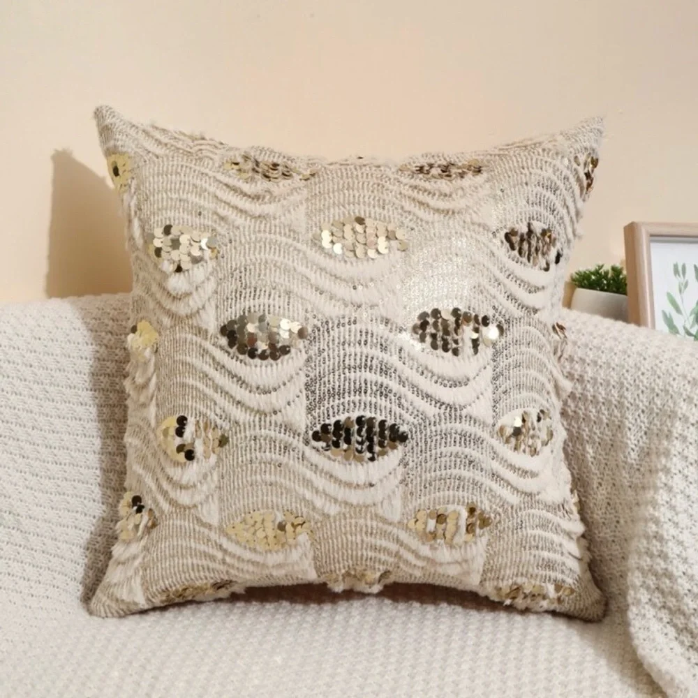 Boho Gold Sequin Pillow Cover, 18x18, Textured Wavy Pattern